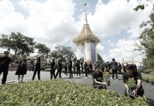 พนักงานอุ่นใจอาสา ร่วมทำกิจกรรมเพื่อพ่อ ประดับต้นไม้ และดอกไม้ ที่พระเมรุมาศจำลอง ให้สวยงามและสมพระเกียรติ ถวายแด่พระบาทสมเด็จพระปรมินทรมหาภูมิพลอดุลยเดช บรมนาถบพิตร