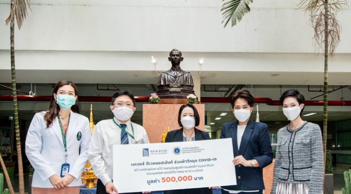 เมเจอร์ ดีเวลลอปเม้นท์ ช่วยทีมแพทย์-พยาบาลฝ่าวิกฤติ COVID-19 ต่อเนื่อง ปันรายได้ 500,000 บาท มอบให้ศูนย์แพทย์กาญจนาฯ ม.มหิดล