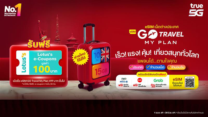 ออกไปท่องโลกกว้างอย่างอิสระ! กับ eSIM GO Travel MyPlan พร้อมรับสิทธิพิเศษสุดคุ้ม 2 ต่อ ทั้งฟรี! Lotus’s e-coupon และ ฟรี! ประกันเดินทาง เมื่อซื้อ eSIM GO Travel MyPlan 499 บาทขึ้นไป ตั้งแต่วันนี้ ถึง 30 มิ.ย. 69