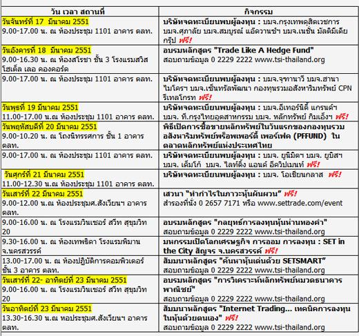 ตารางปฏิทินกิจกรรมของกลุ่มตลาดหลักทรัพย์แห่งประเทศไทย 17 – 23 มี.ค. 2551