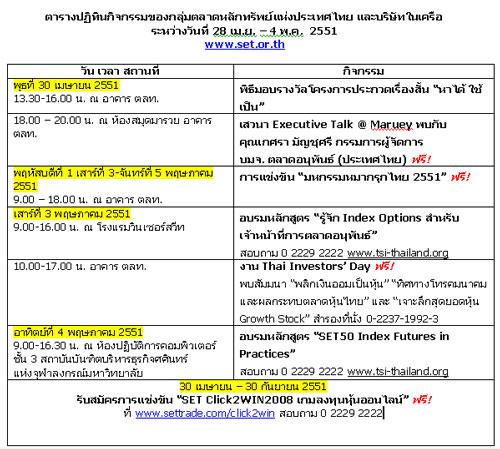 ปฏิทินกิจกรรมตลาดหลักทรัพย์ ระหว่างวันที่ 28 เม.ย. – 4 พ.ค. 2551